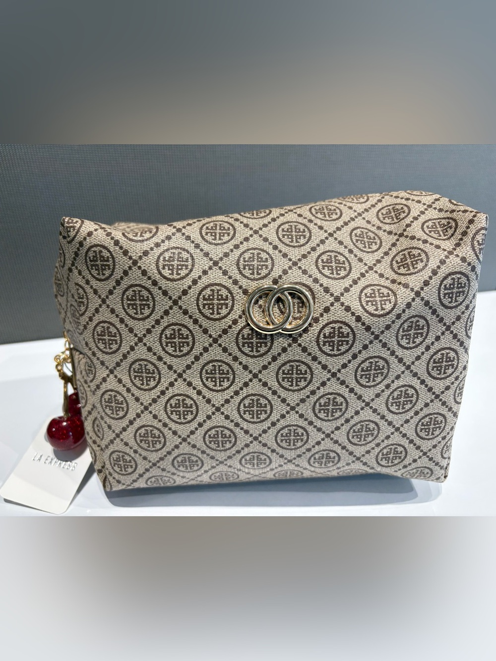 FASHION Neutral Monogram Pattern Bag with Gold Rings with a Pop of Cherries
